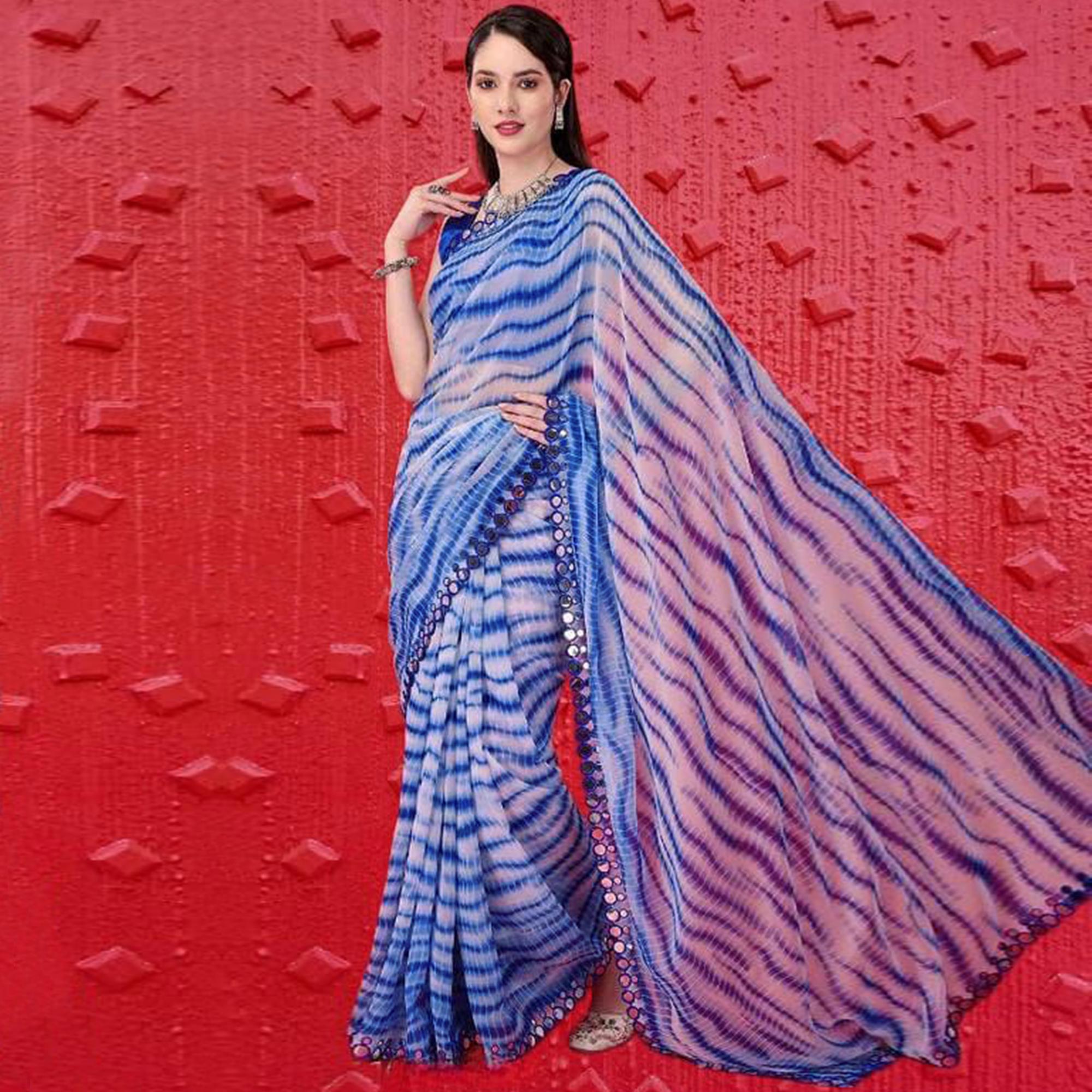 Blue Printed With Fancy Mirror Georgette Saree