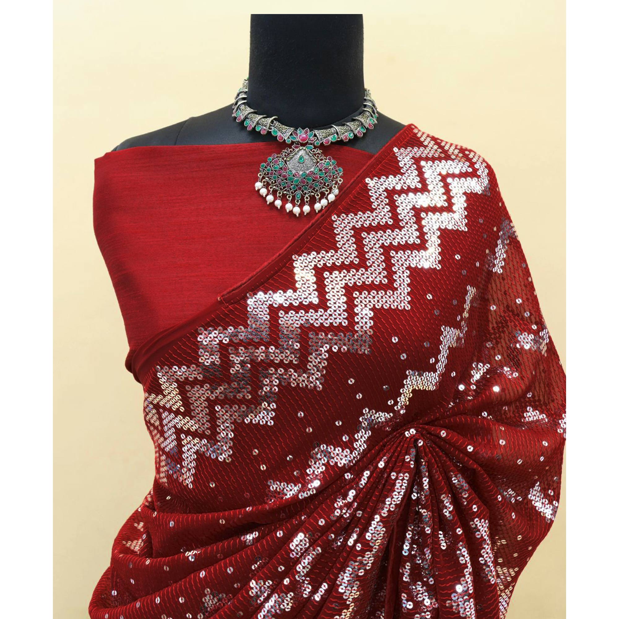 Cherry Red Sequins Embroidered Georgette Saree
