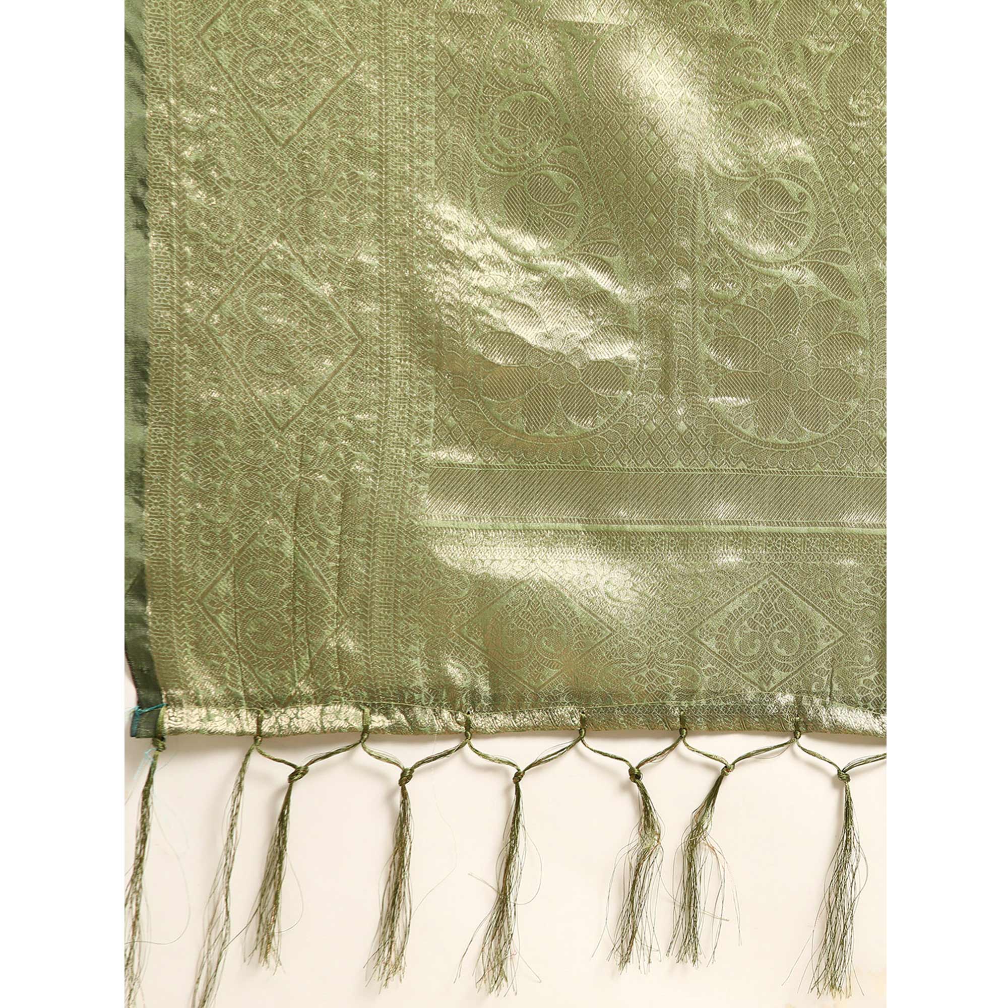 Green Woven Organza Silk Saree With Tassels