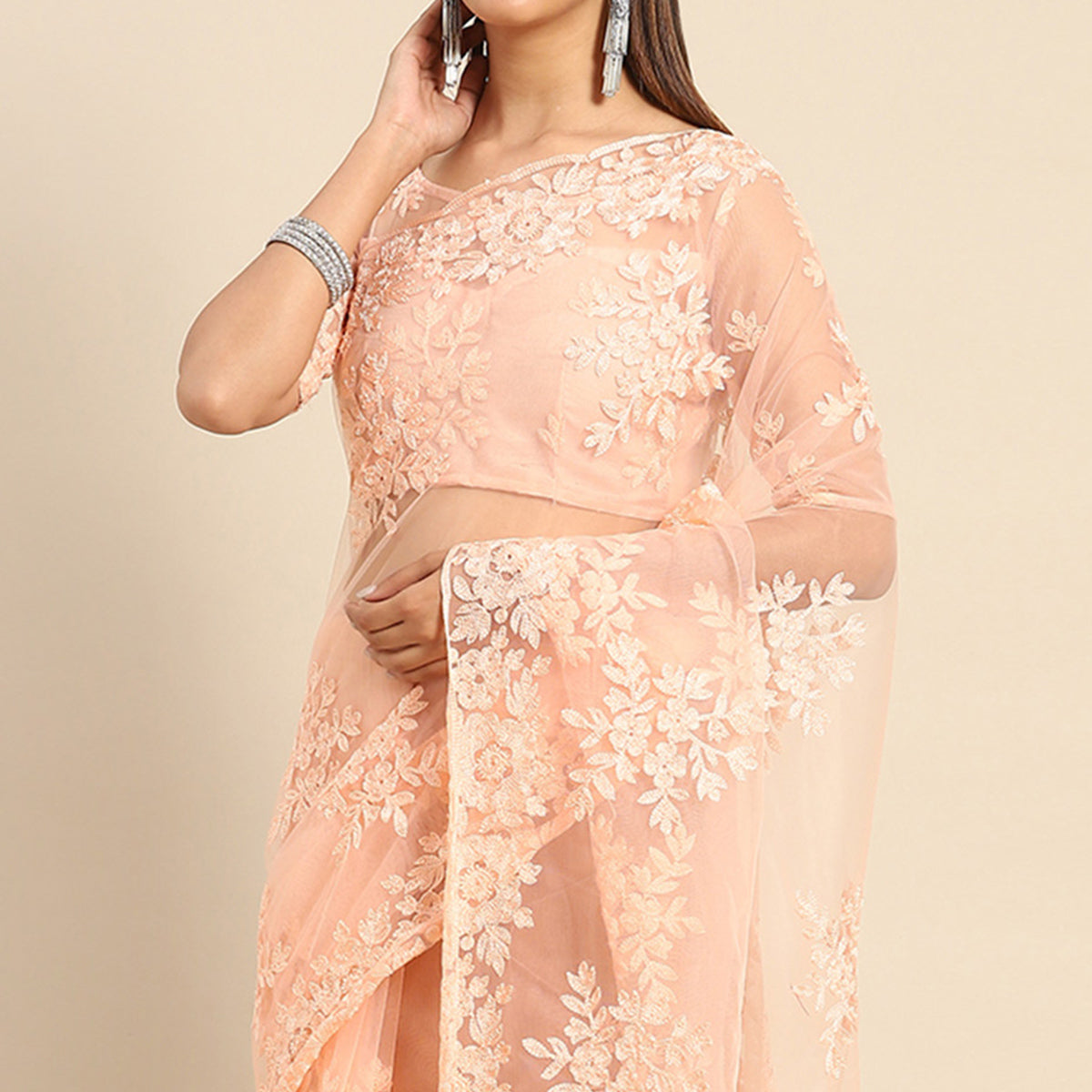 Peach Floral Embroidered Net Saree