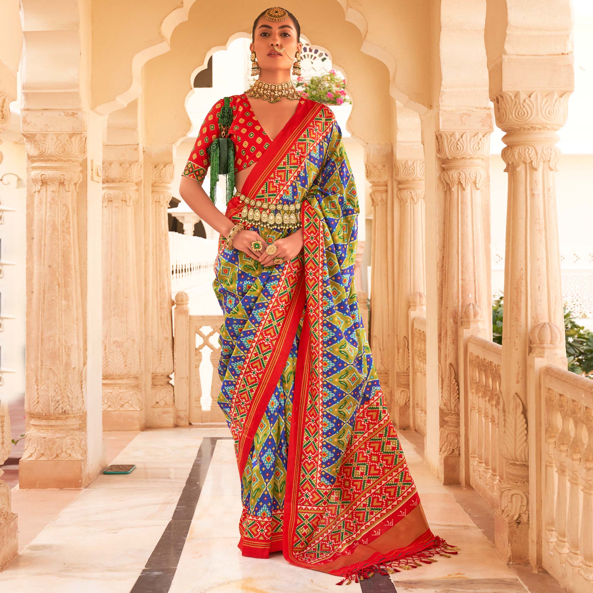 Green & Blue Printed Tussar Silk Saree With Tassels