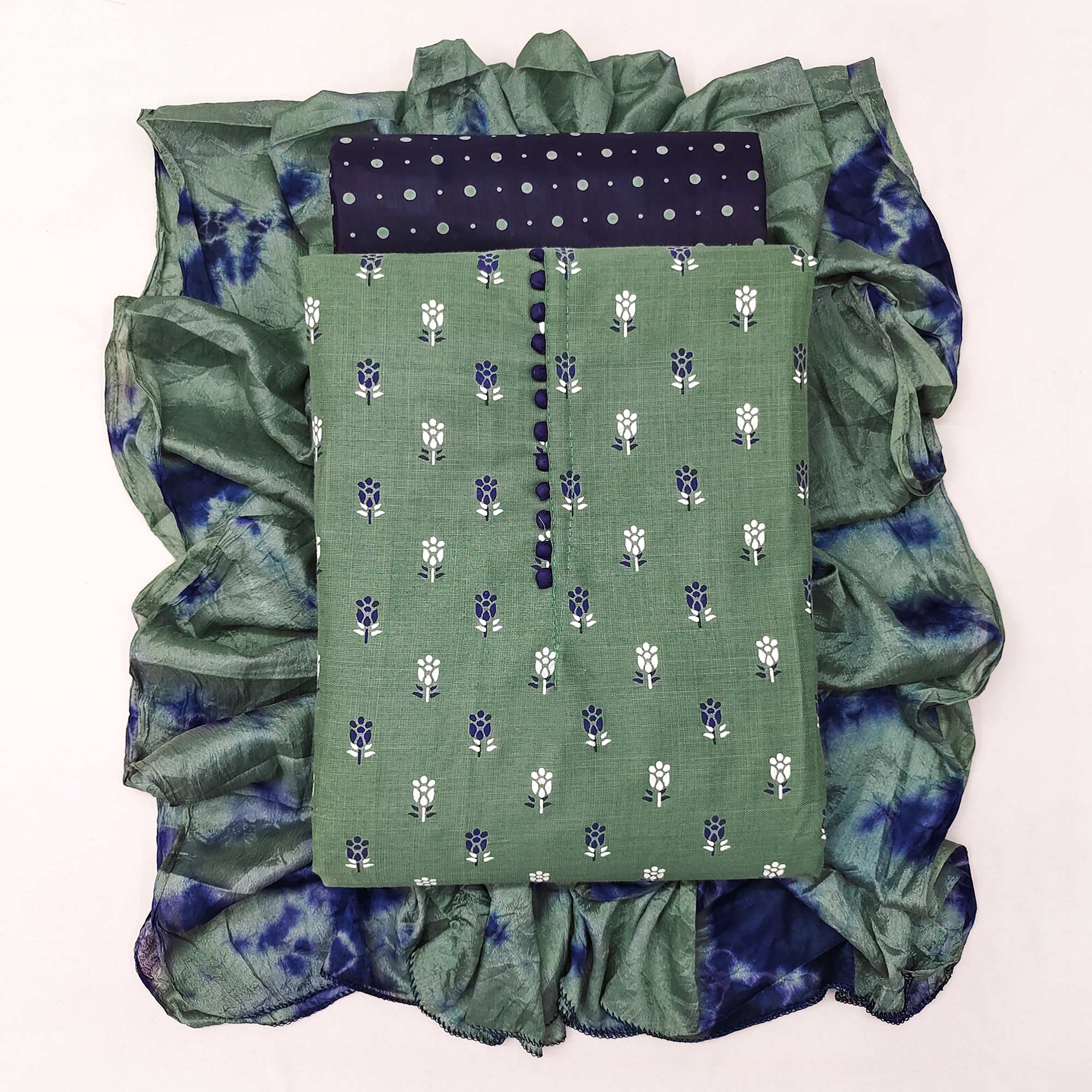 Green Floral Printed Cotton Blend Dress Material