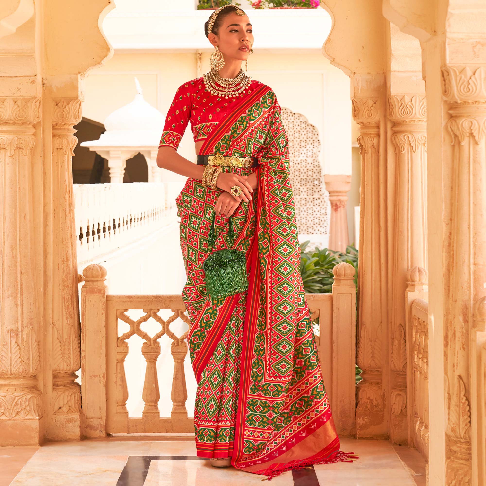 Green & Red Printed Tussar Silk Saree With Tassels