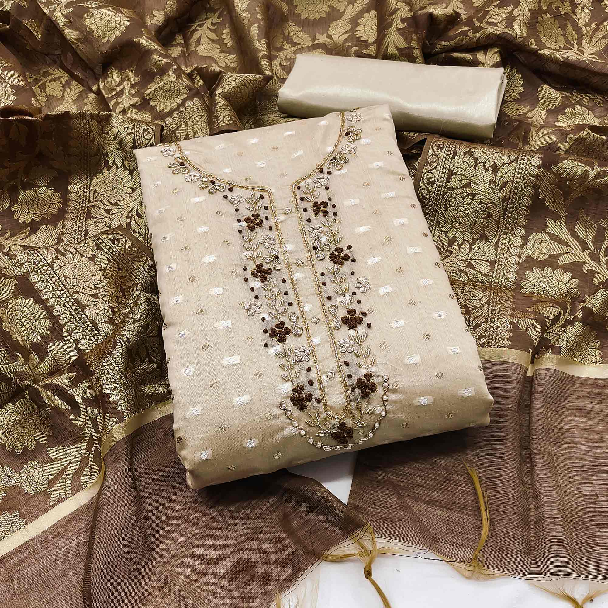 Beige Woven Banarasi Silk Dress Material