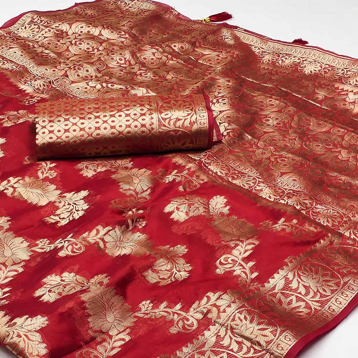 Red Floral Woven Art Silk Saree With Tassels