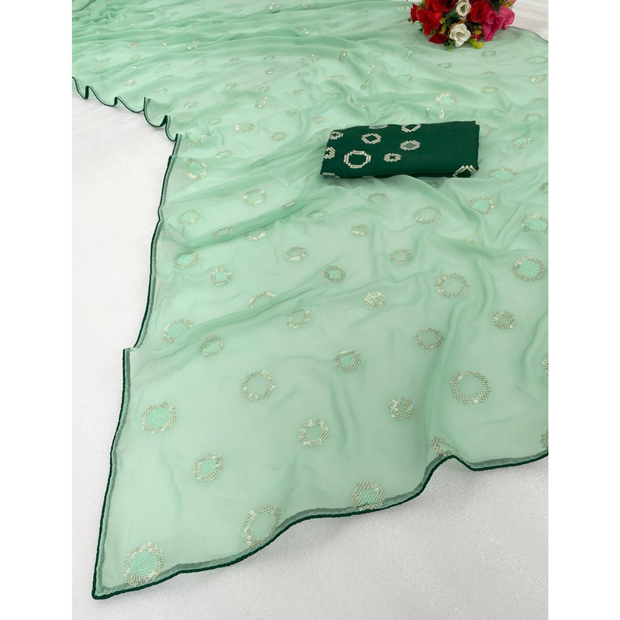 Pista Green Sequins Work Georgette Saree
