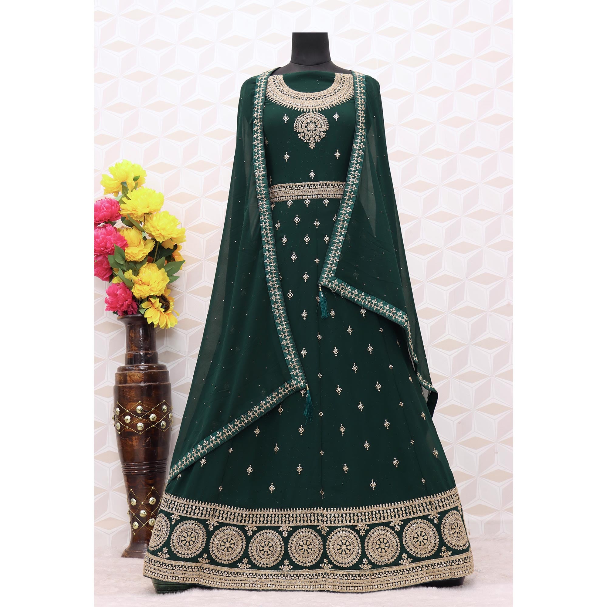 Dark Green Sequins Embroidered Georgette Semi Stitched Anarkali Suit