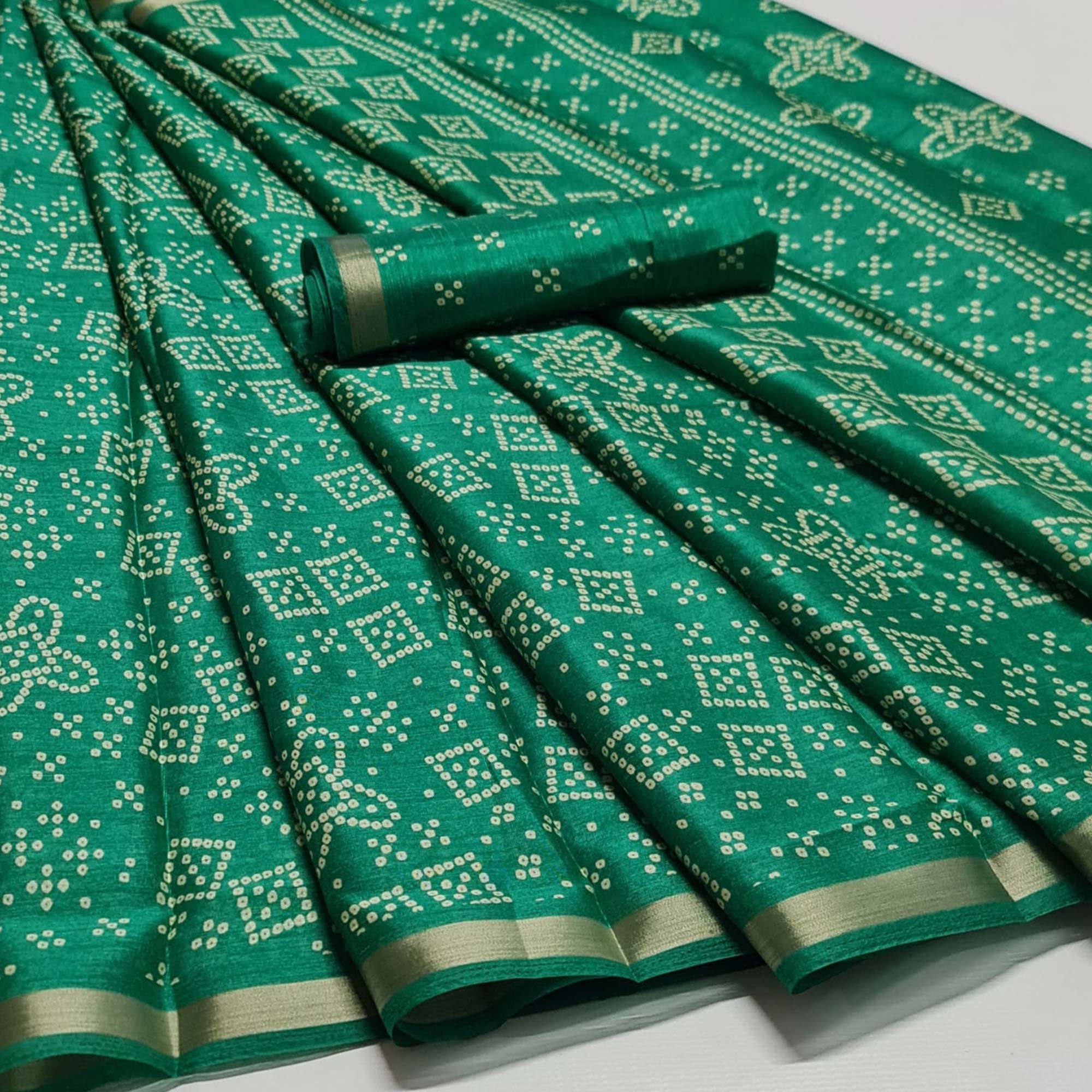 Green Bandhani Printed Art Silk Saree