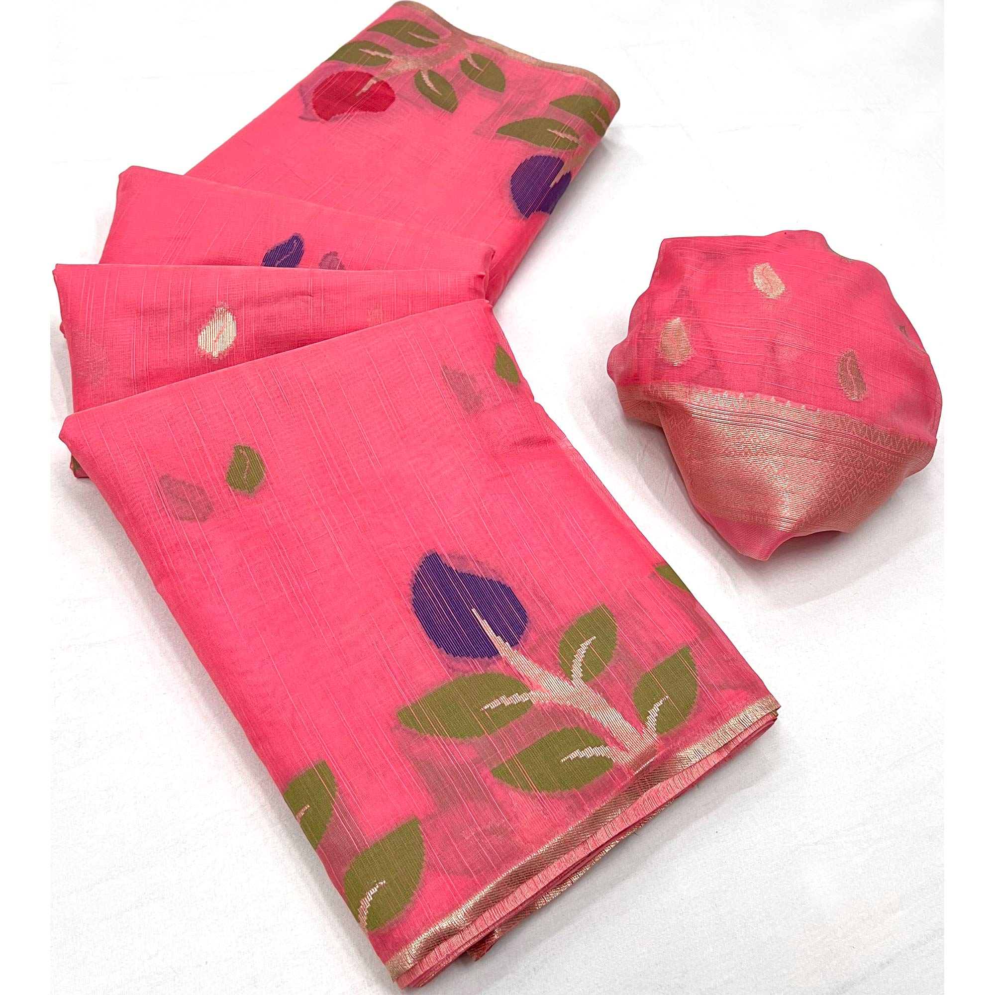 Gajari Pink Floral Woven Cotton Saree
