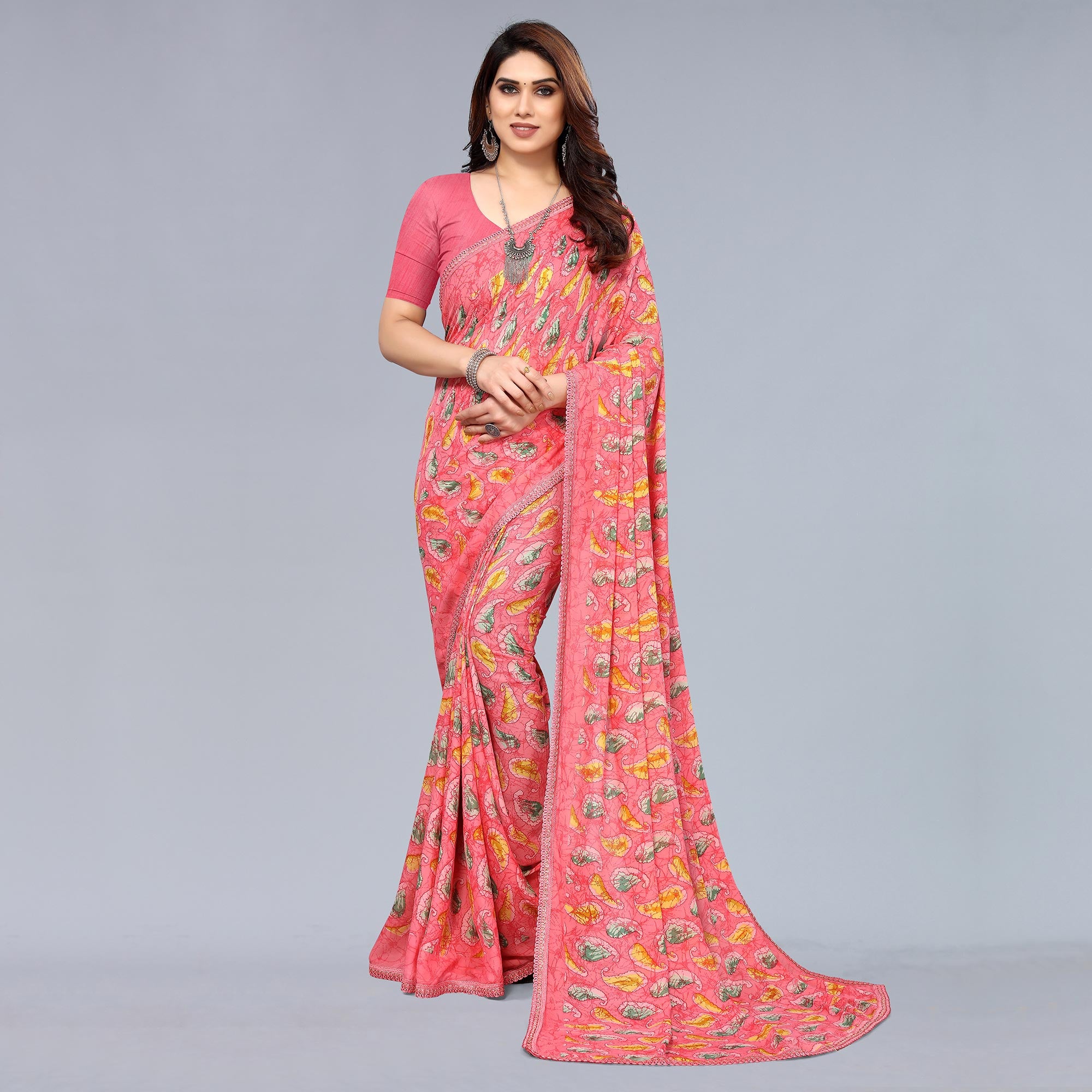 Peach Printed Georgette Saree With Crochet Border