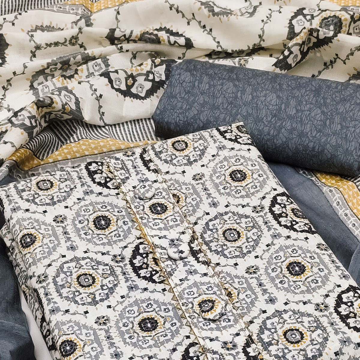 Grey Printed Pure Cotton Dress Material