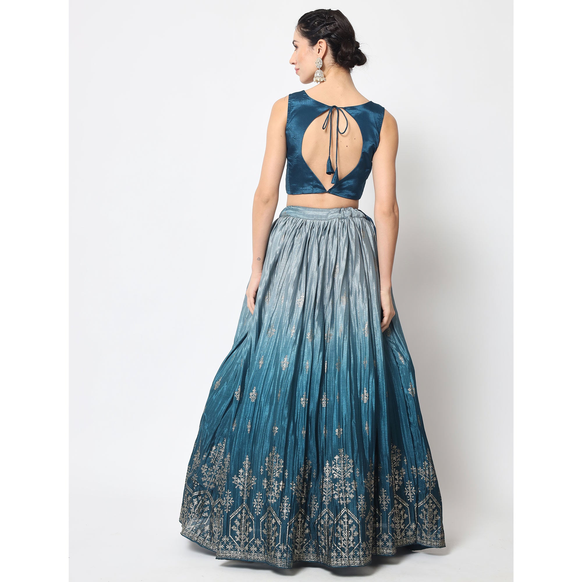 Teal Blue Foil Printed Chiffon Lehenga Choli