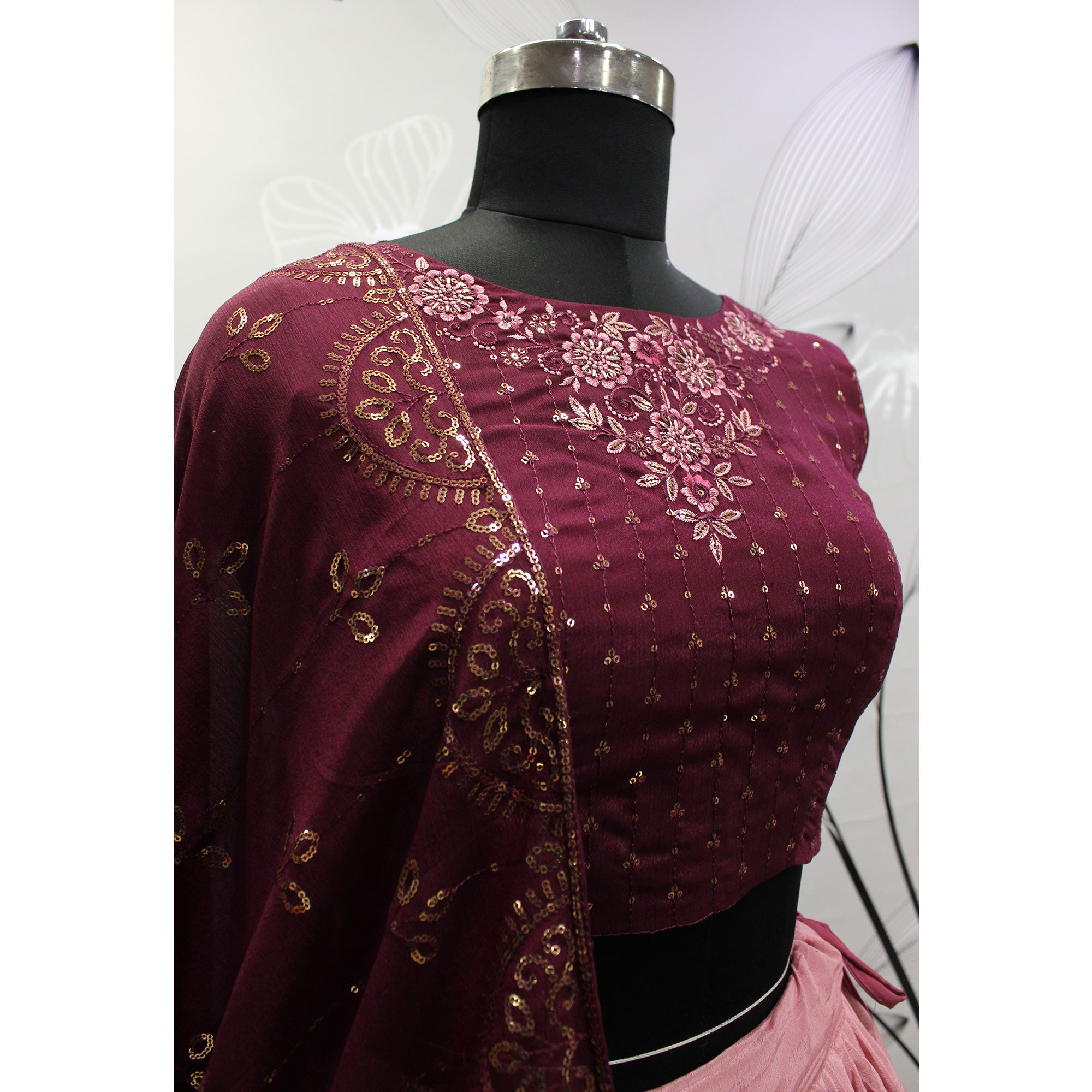 Pink & Maroon Foil Printed Chiffon Lehenga Choli