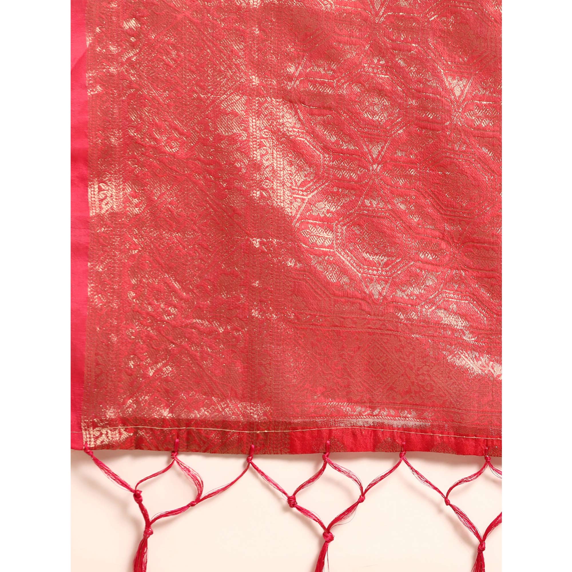 Red Woven Organza Silk Saree With Tassels