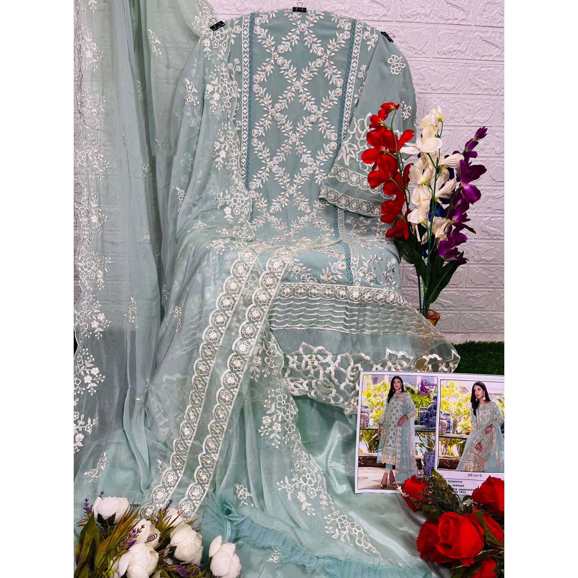 Blue Floral Embroidered Georgette Salwar Suit