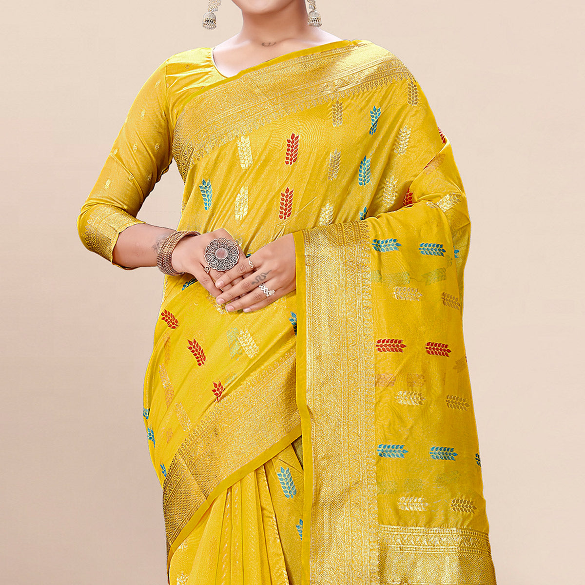 Yellow Woven Organza Saree With Tassels