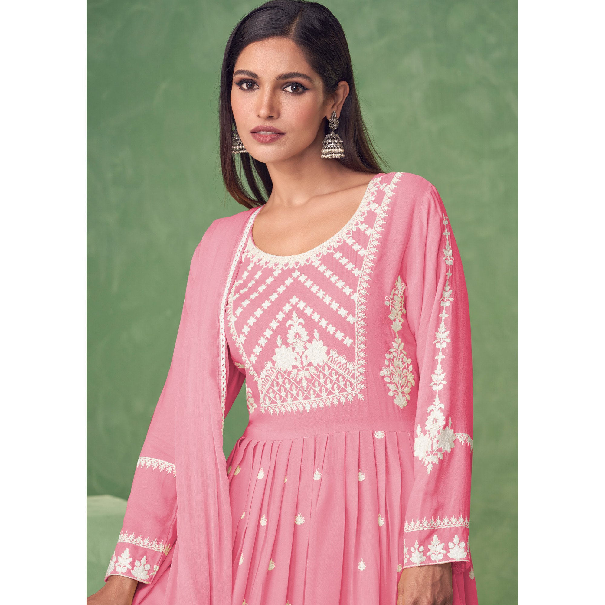 Pink Lucknowi Work Rayon Naira Cut Palazzo Suit