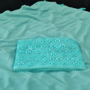 Blue Solid Chiffon Saree With Tassels