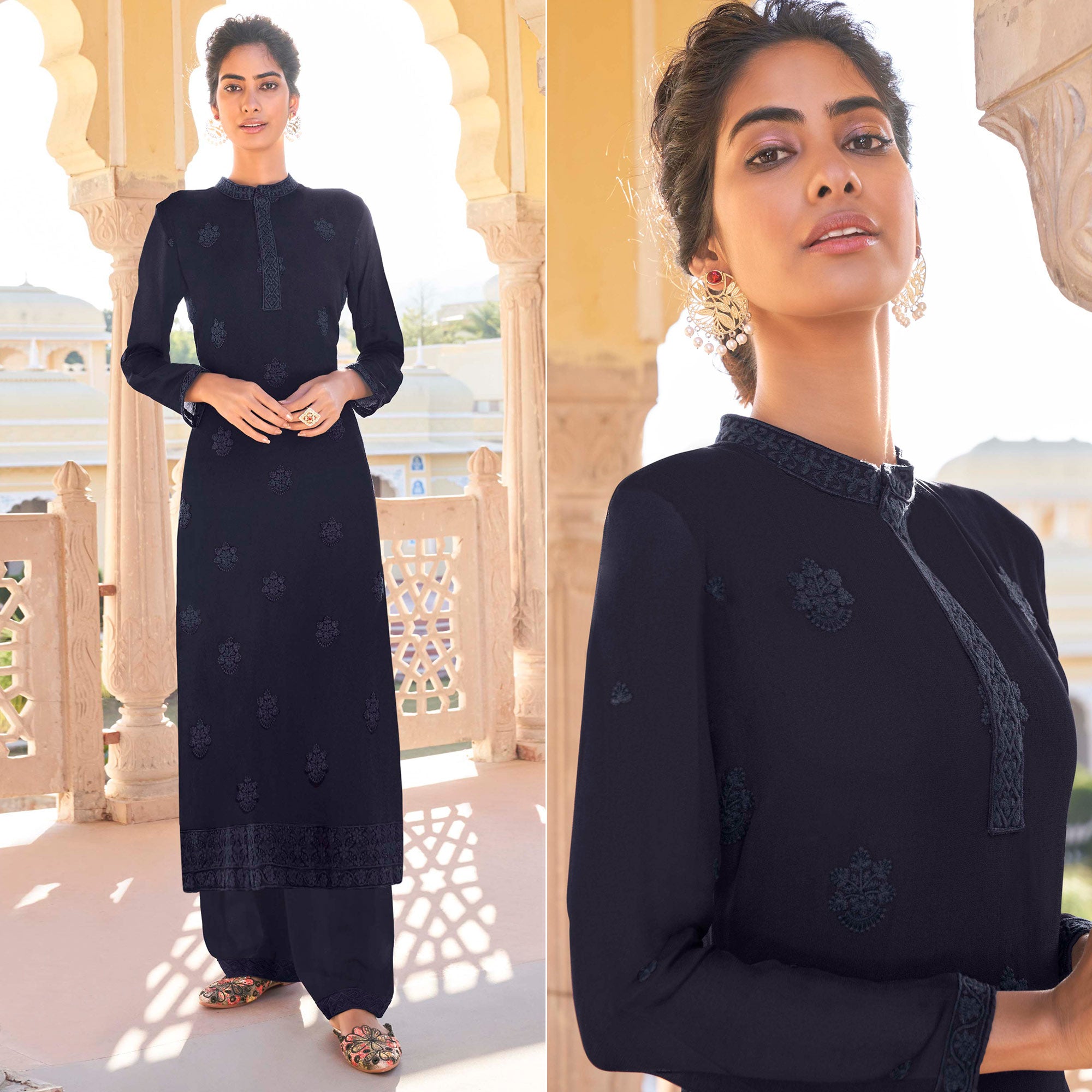 Navy Blue Lucknowi Embroidered Georgette Kurti Palazzo Set