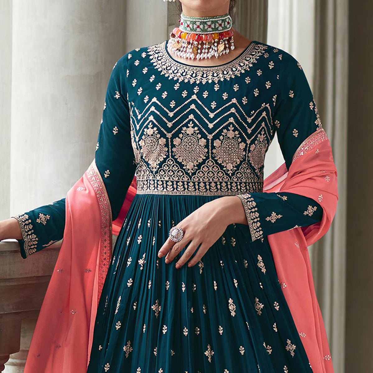 Rama Blue Floral Sequins Embroidered Georgette Sharara Suit