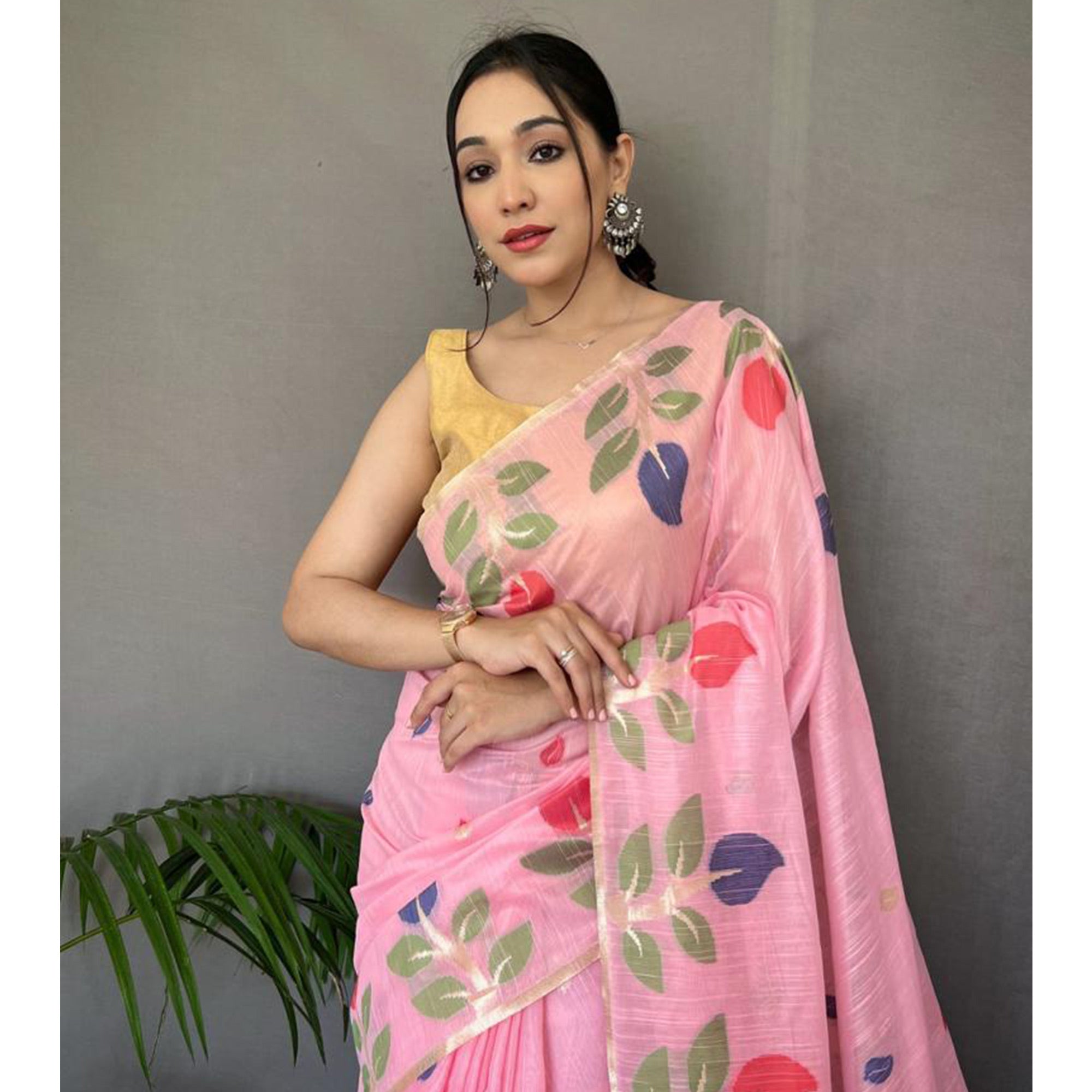 Pink Floral Woven Cotton Saree