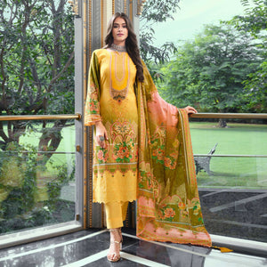 Yellow And Green Digital Printed With Daman Embroidered Pure Cotton Pakistani Suit