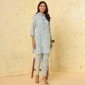 Blue Floral Printed Pure Cotton Co Ord Set
