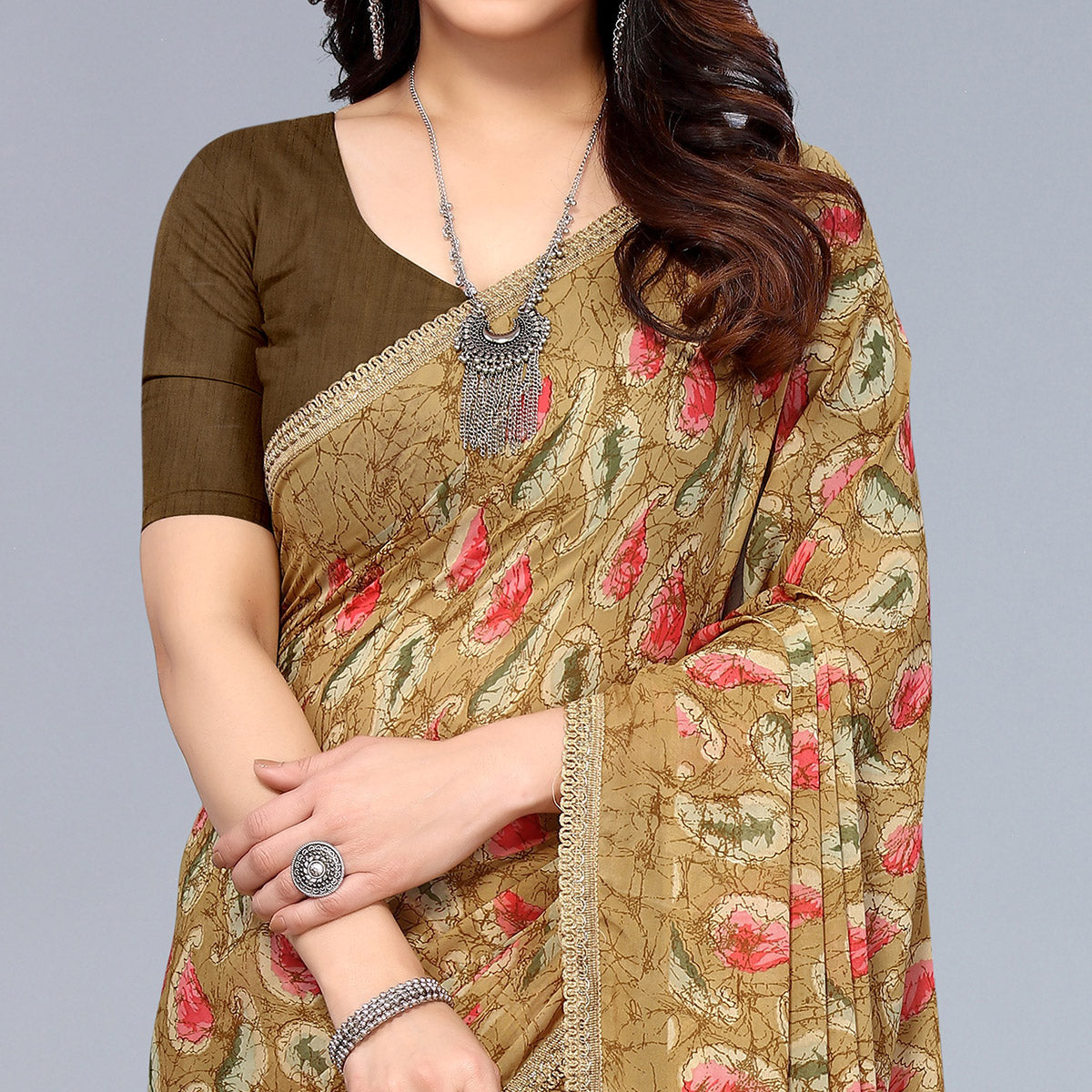 Beige Printed Georgette Saree With Crochet Border