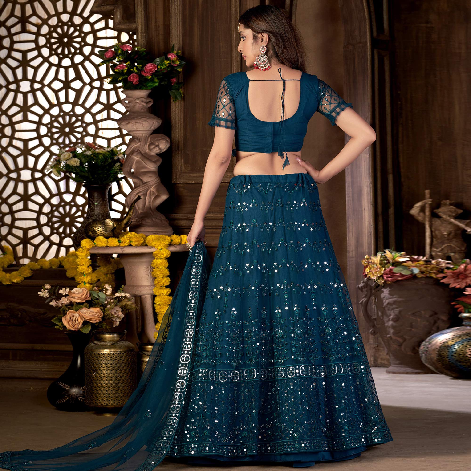 Blue Sequins Embroidered Net Lehenga Choli