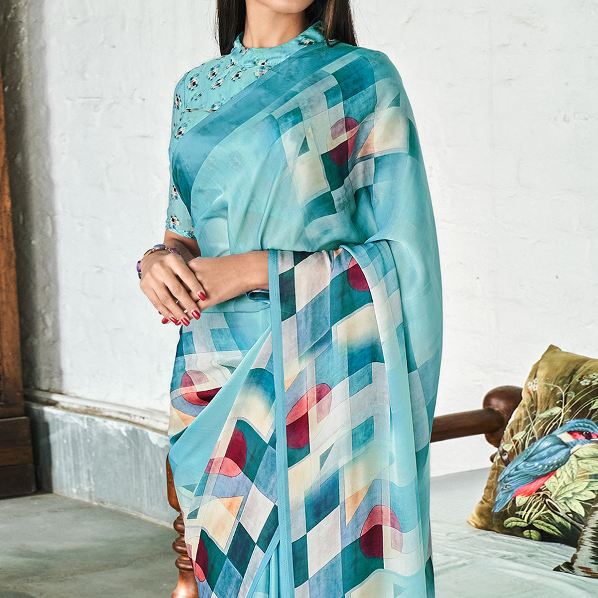 Blue Digital Printed Satin Saree