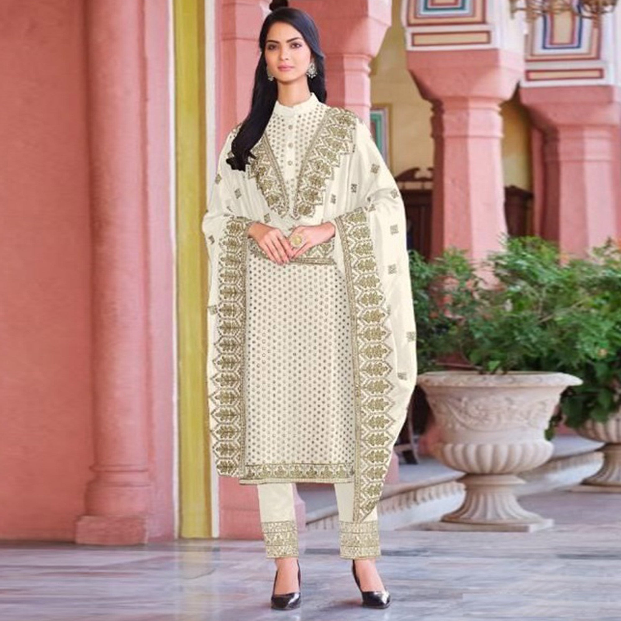 White Embroidered Georgette Salwar Suit