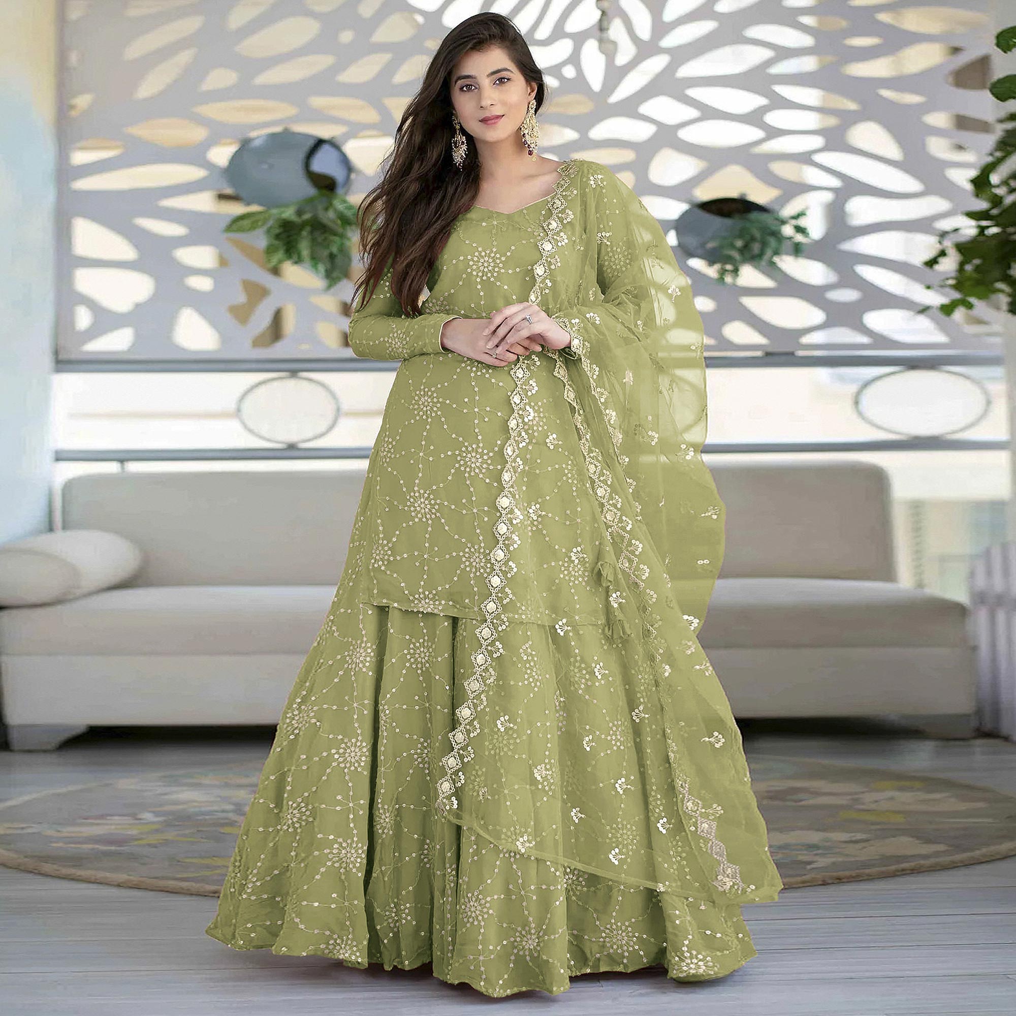 Pista Green Sequins Embroidered Georgette Semi Stitched Gharara Style Suit