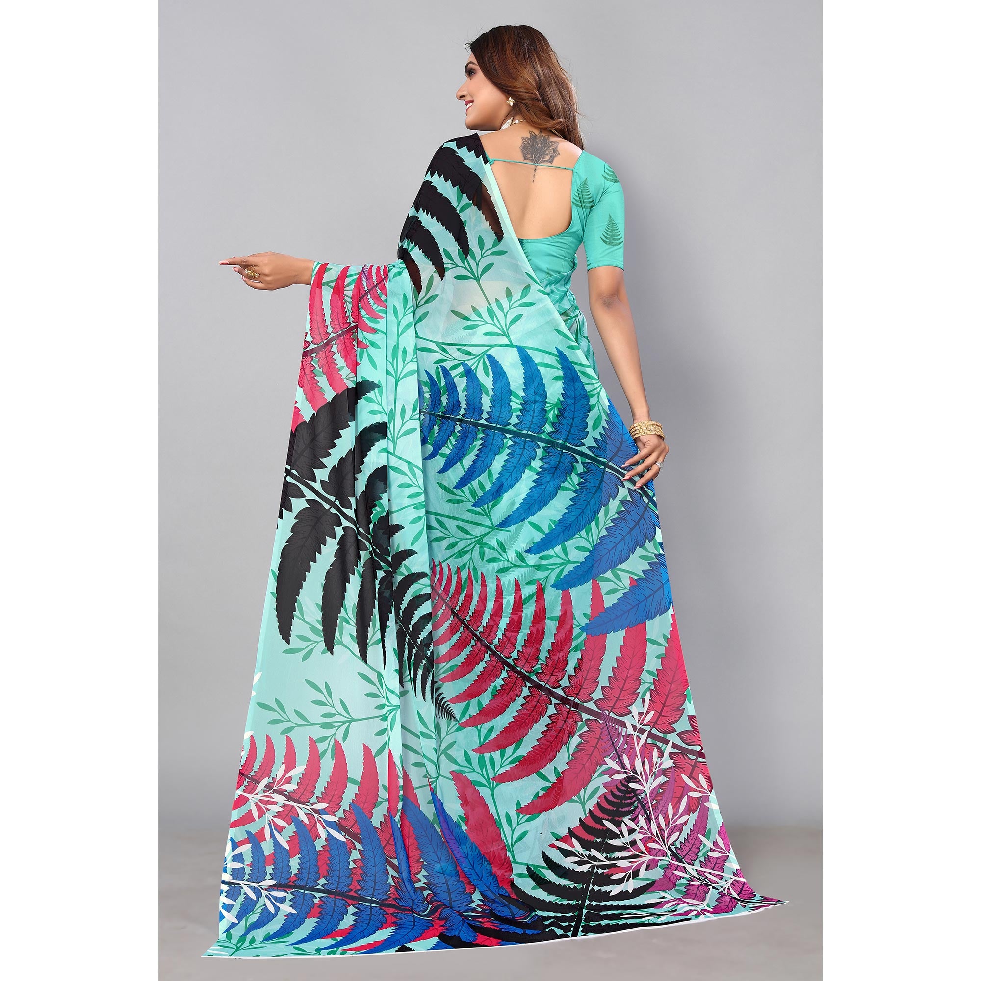 Turquoise Digital Printed Georgette Saree