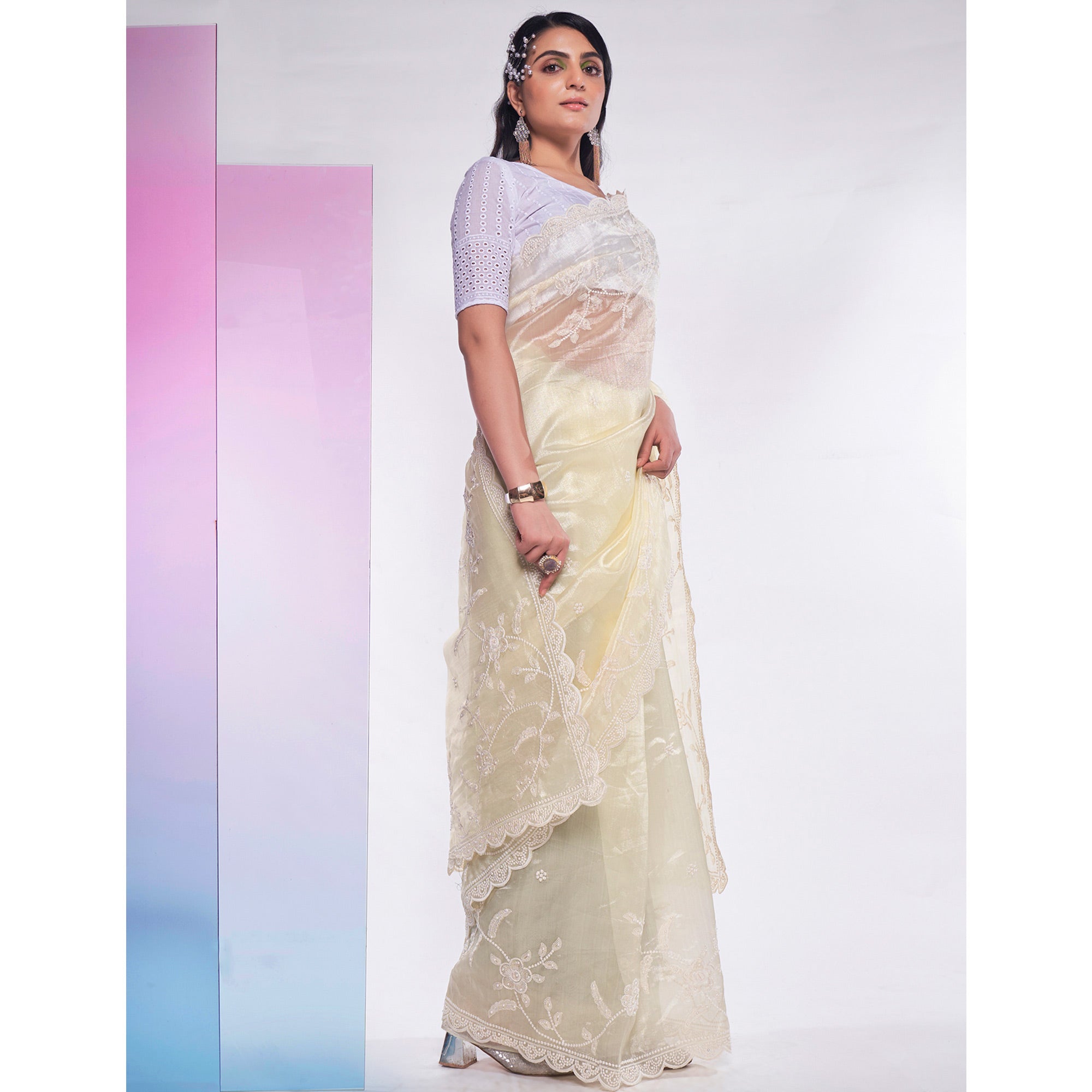 Light Yellow Floral Embroidered Organza Saree