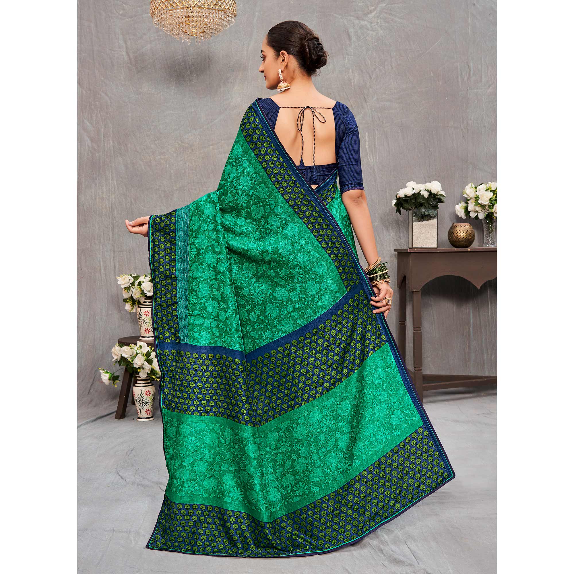 Green Printed With Embroidery Tussar Silk Saree