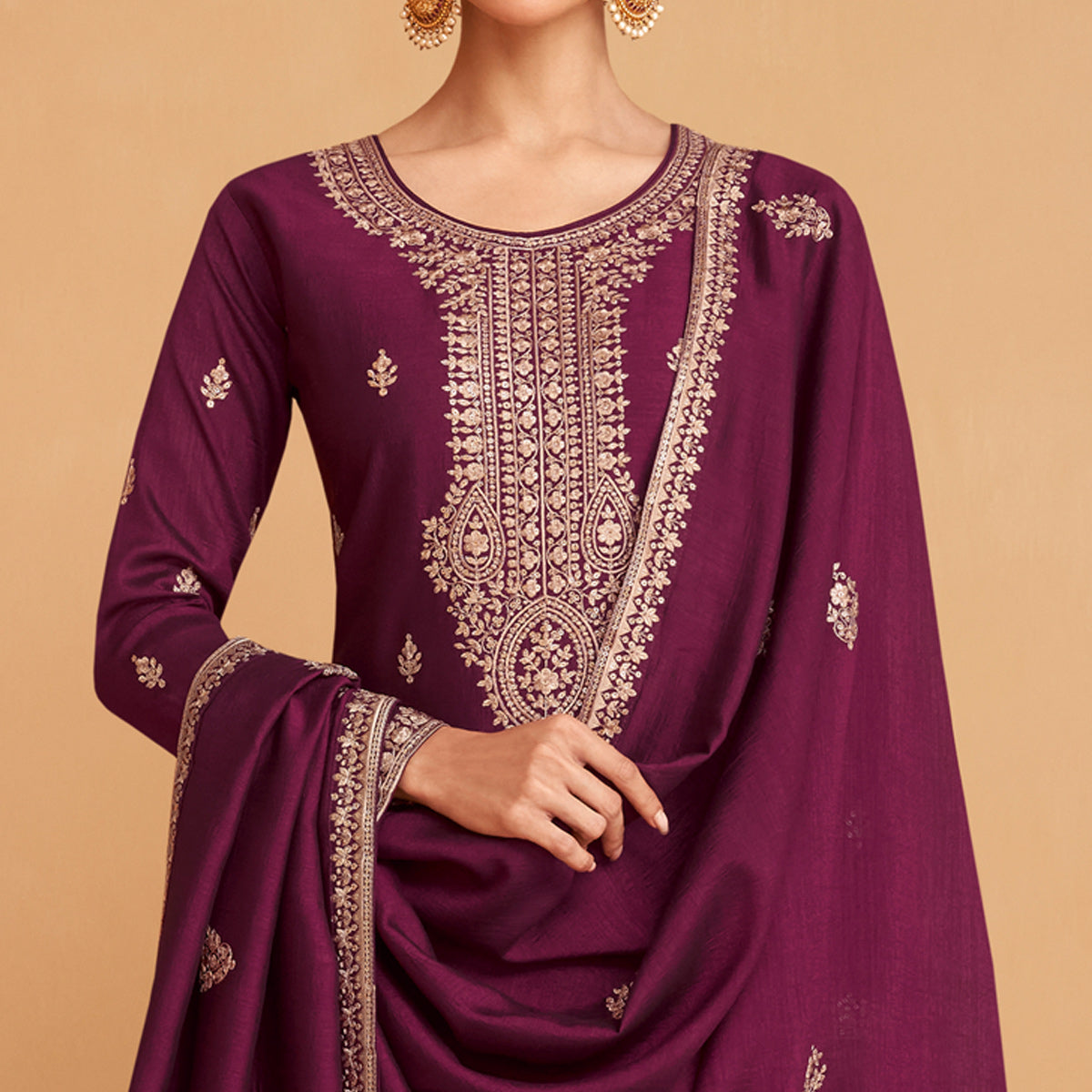 Wine Embroidered Art Silk Palazzo Suit