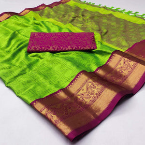 Parrot Green Woven Cotton Silk Saree With Tassels