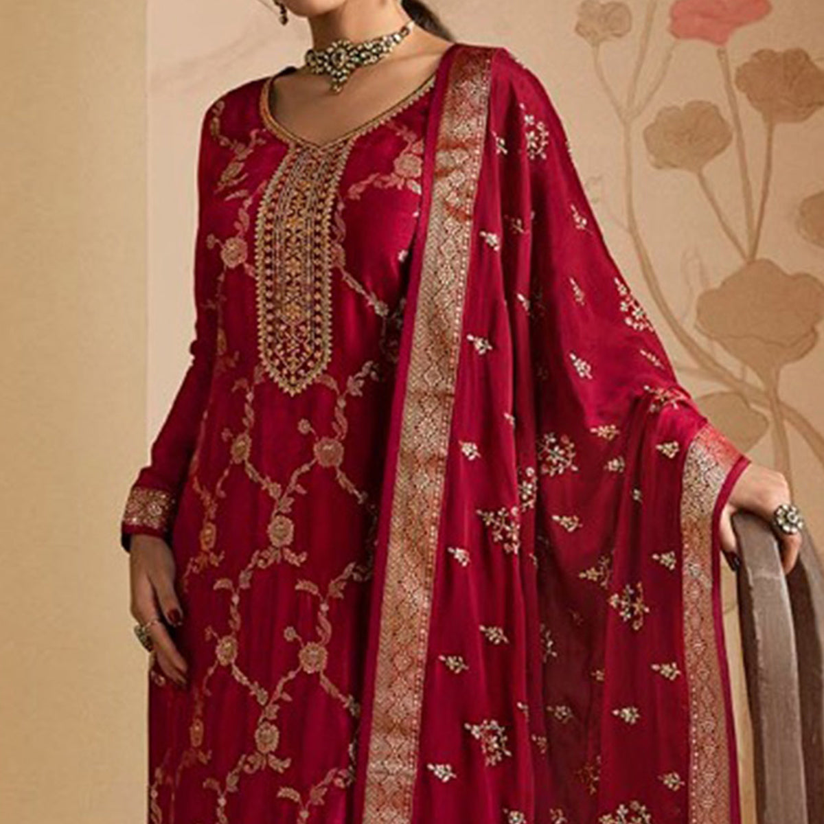 Red Woven And Embroidered Dola Silk Palazzo Suit