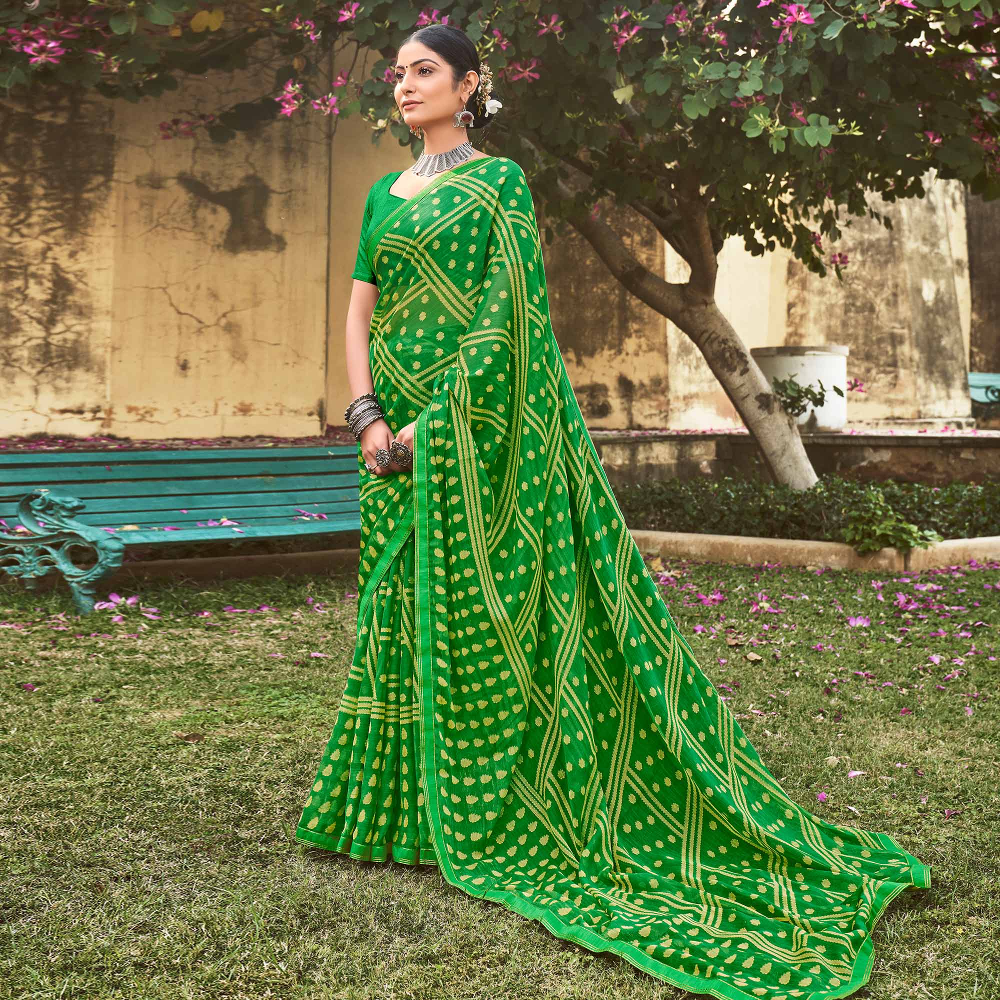 Green Printed Chiffon Saree