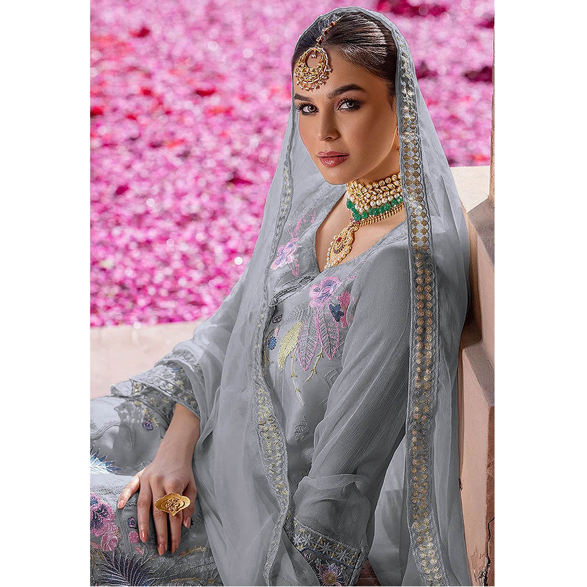 Grey Embroidered Georgette Pakistani Suit