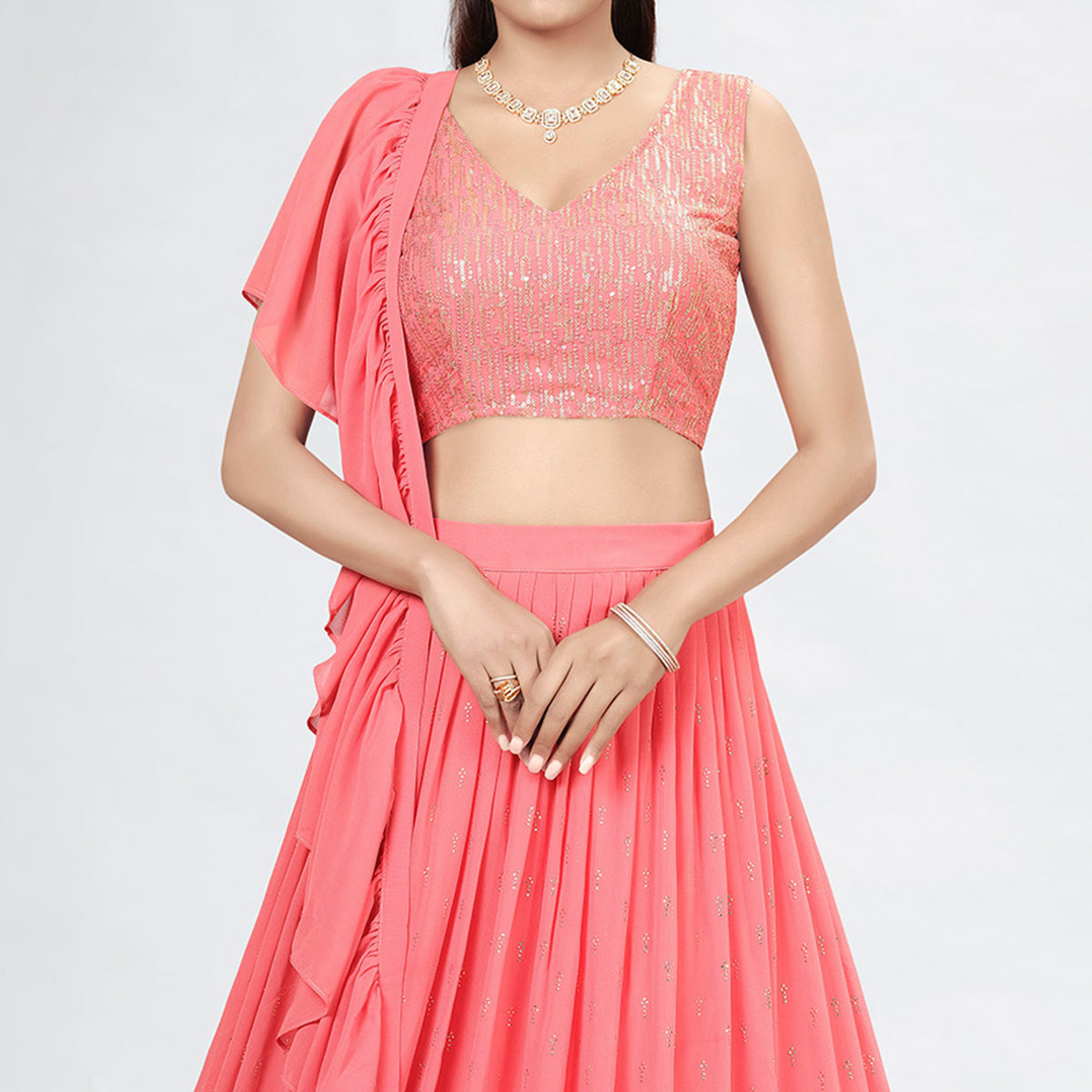 Coral pink Embellished With Embroidered Georgette Lehenga Choli