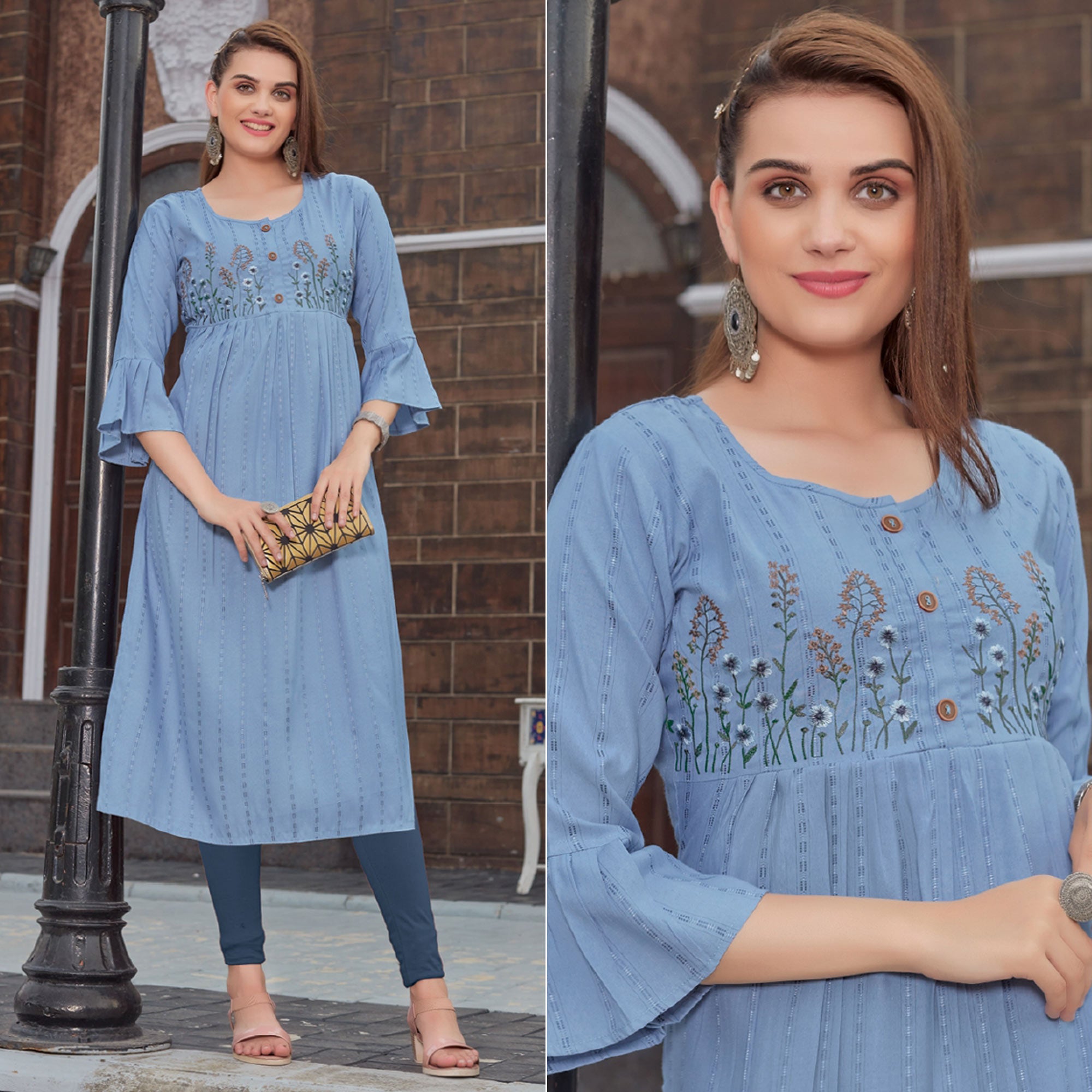 Blue Floral Embroidered Rayon Naira Cut Kurti