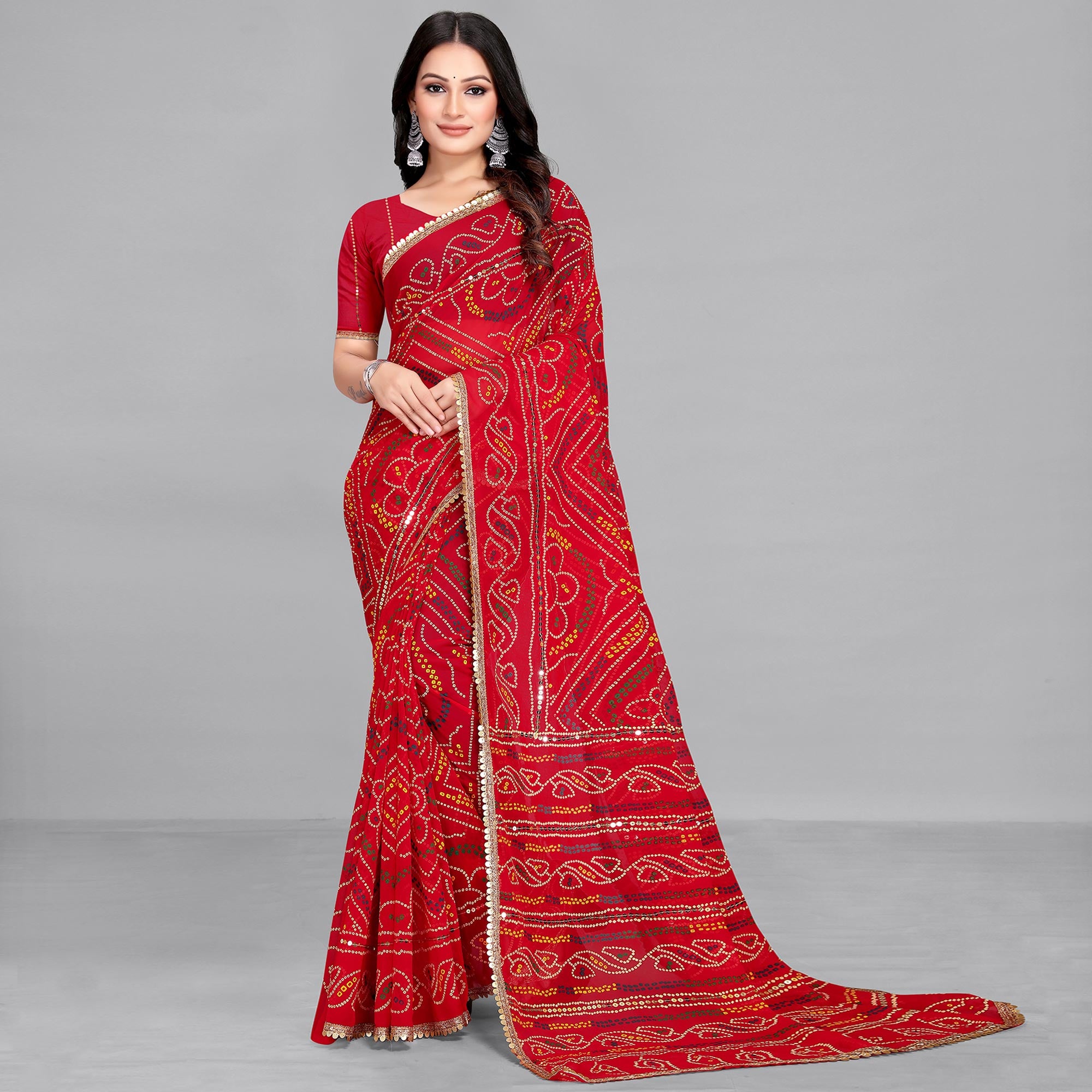 Red Bandhani Printed With Sequins Work Georgette Saree