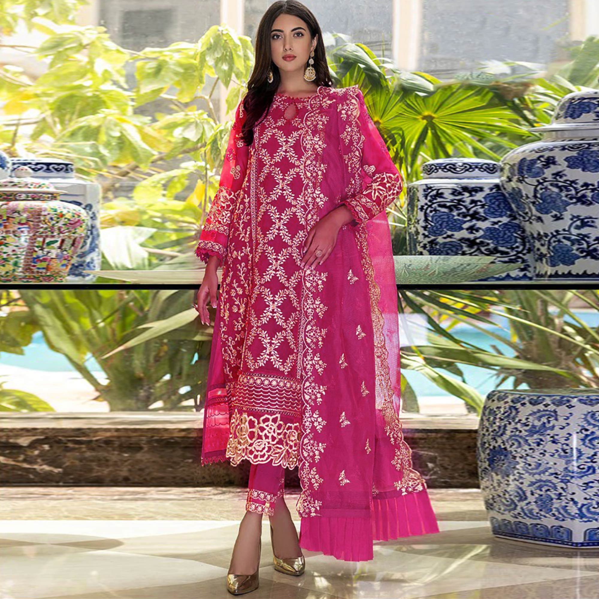 Rose Pink Floral Embroidered Georgette Salwar Suit