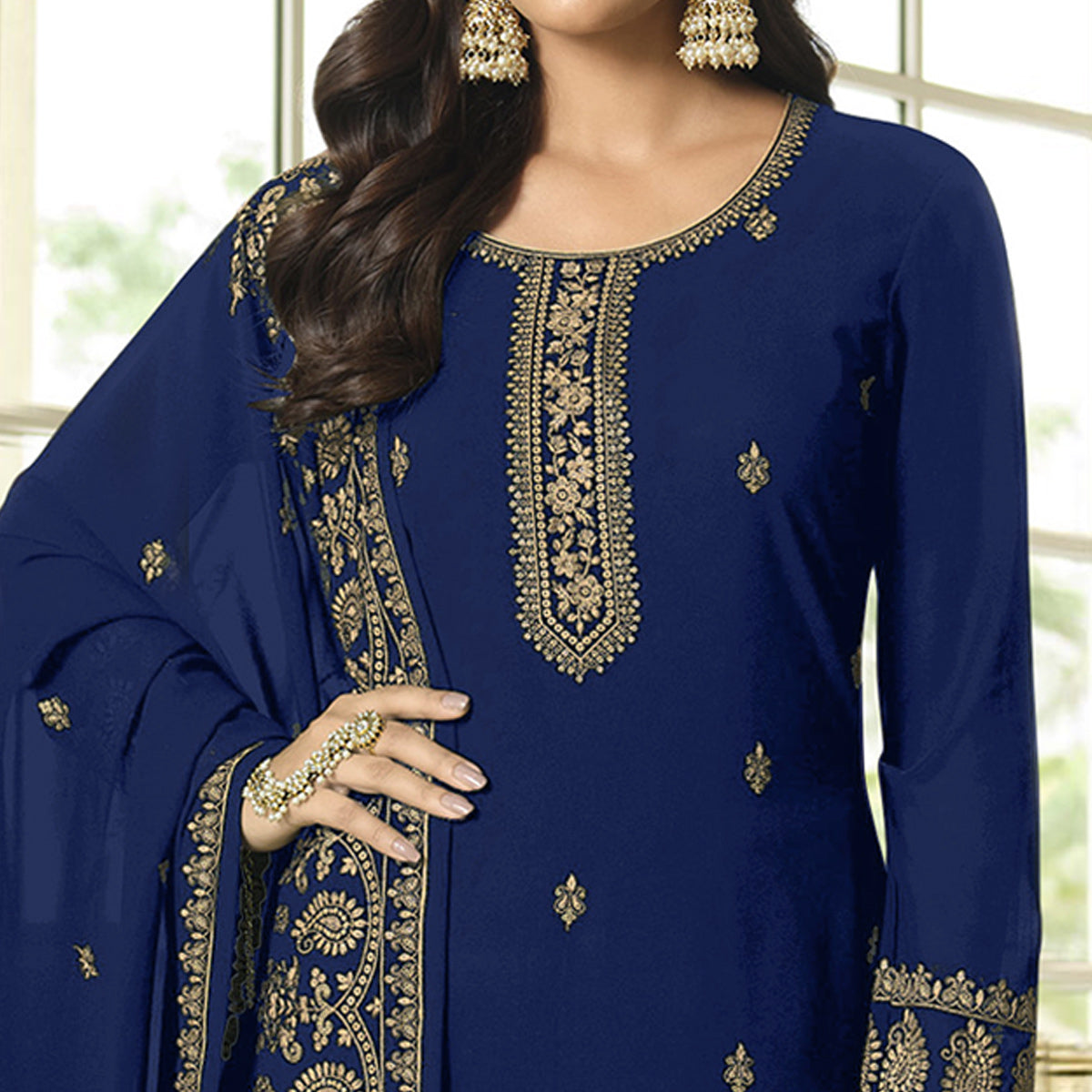 Blue Floral Embroidered Georgette Sharara Suit