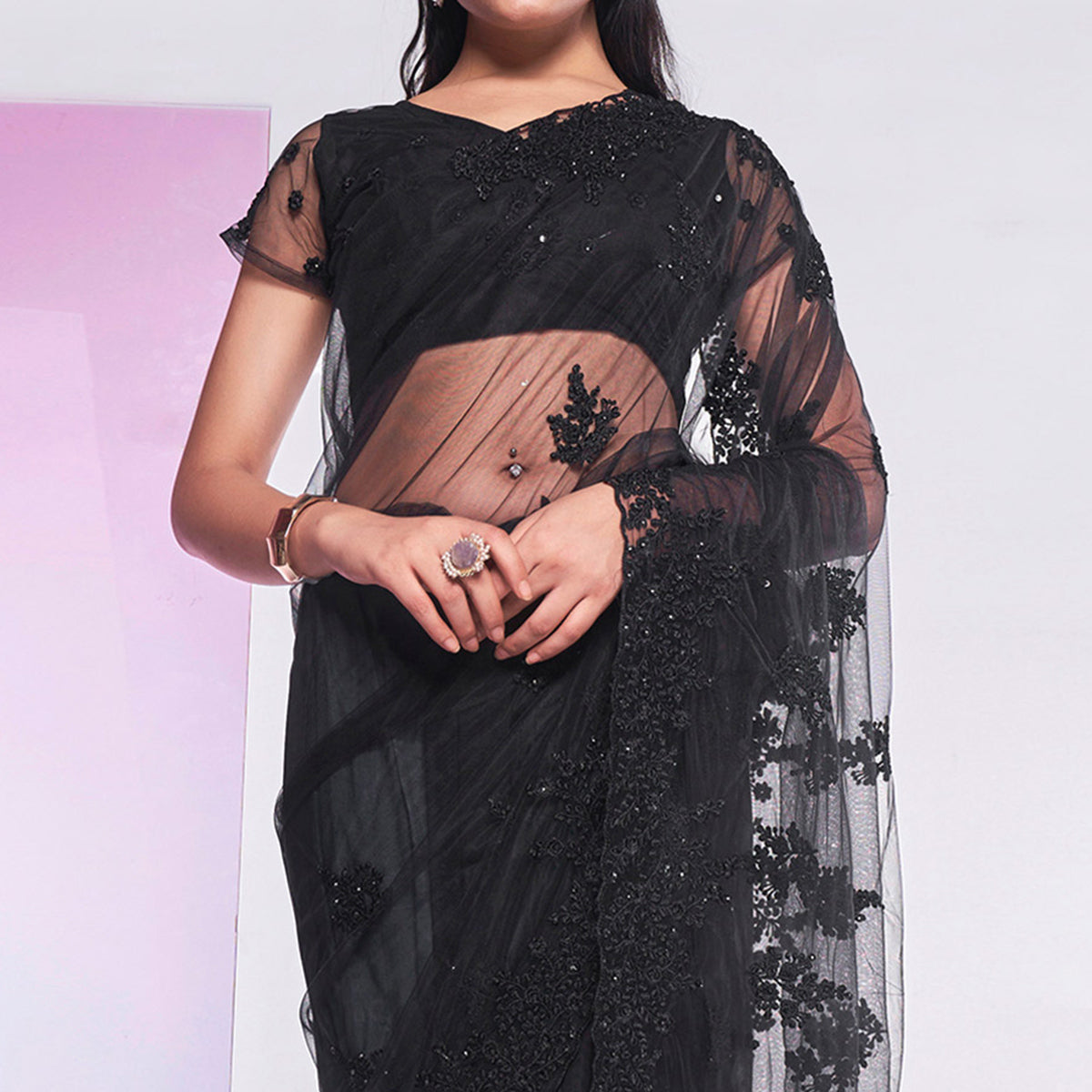 Black Floral Embroidered Net Saree