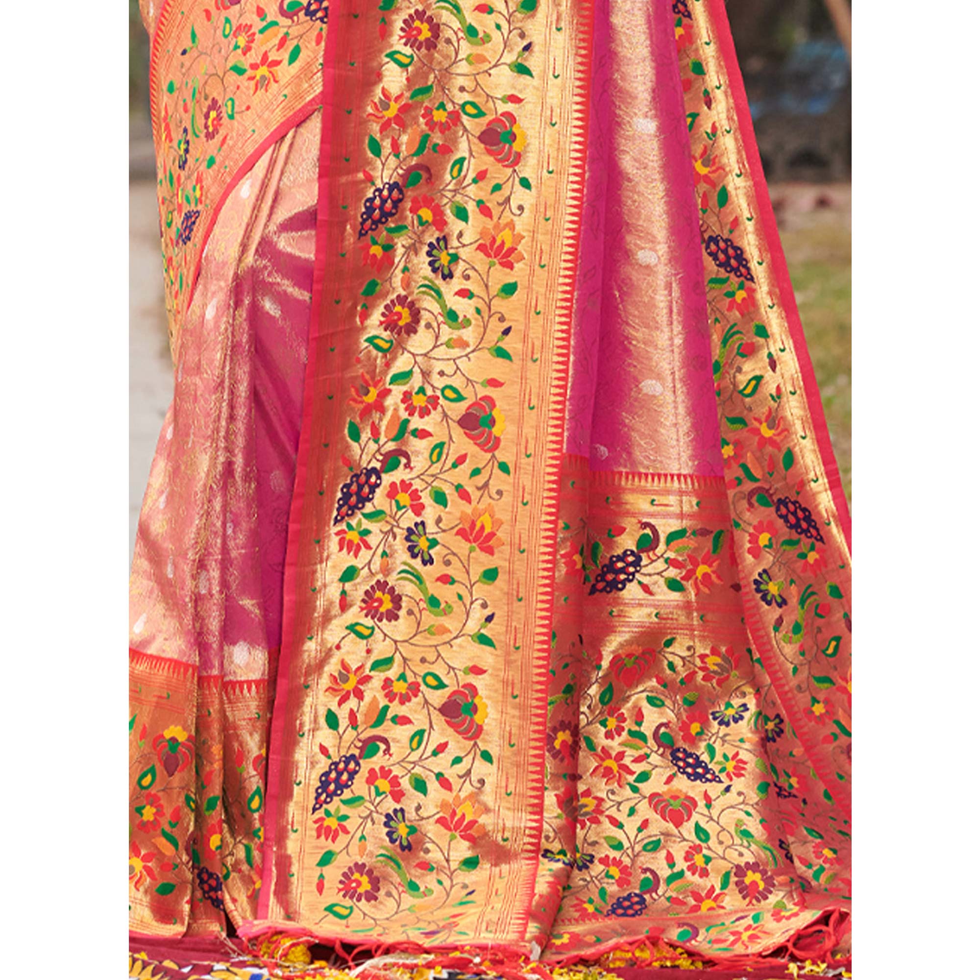 Pink Woven Art Silk Paithani Saree With Tassels