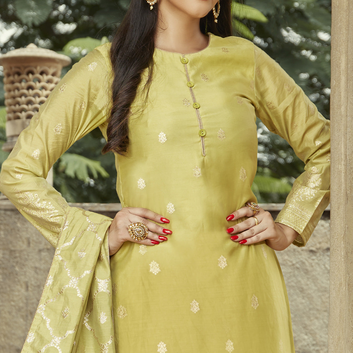 Pista Green Woven Viscose Kurti With Dupatta