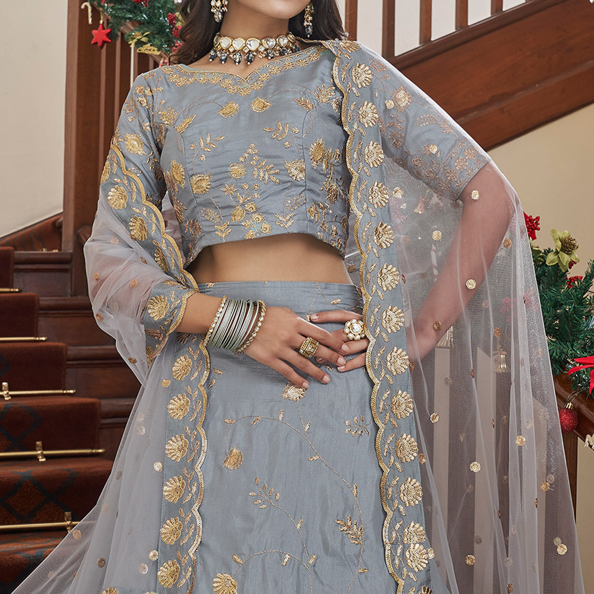 Grey Sequins Embroidered Art Silk Lehenga Choli