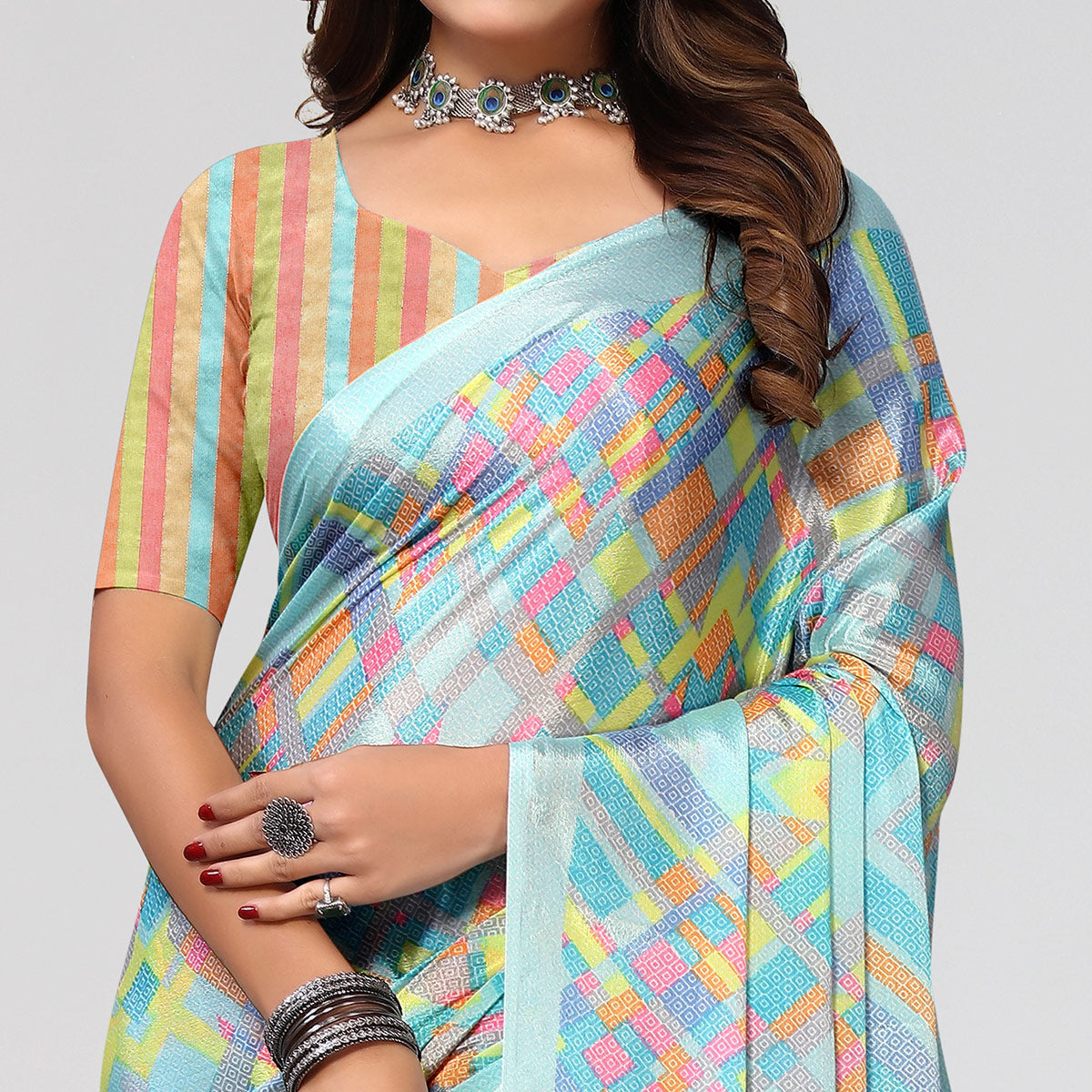 Sky Blue Geometric Printed Chiffon Saree